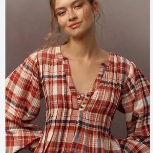 Anthropologie Pilcro Plaid Peplum Swing Blouse Pleaded XL Rust Cotton Boho NWT